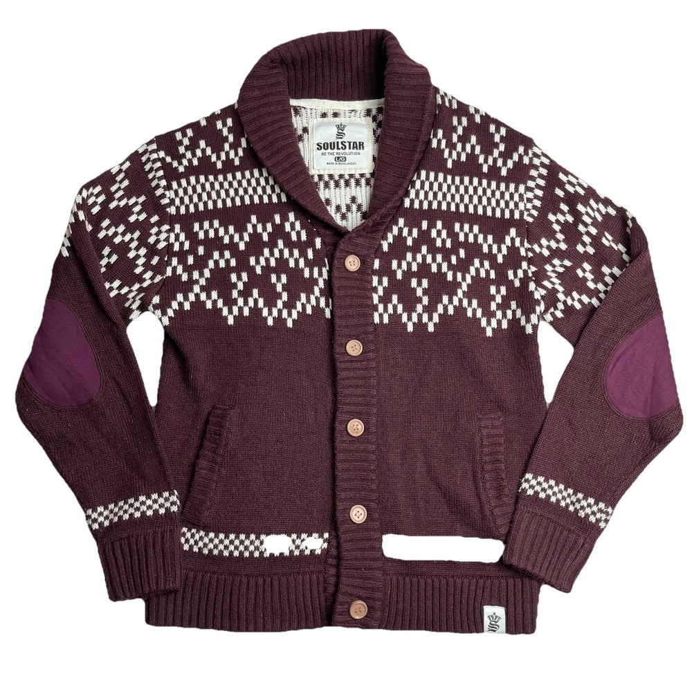 SoulStar Sweater Women's L Burgundy Shawl Collar Knit Pocket Elbow Patch Preppy
